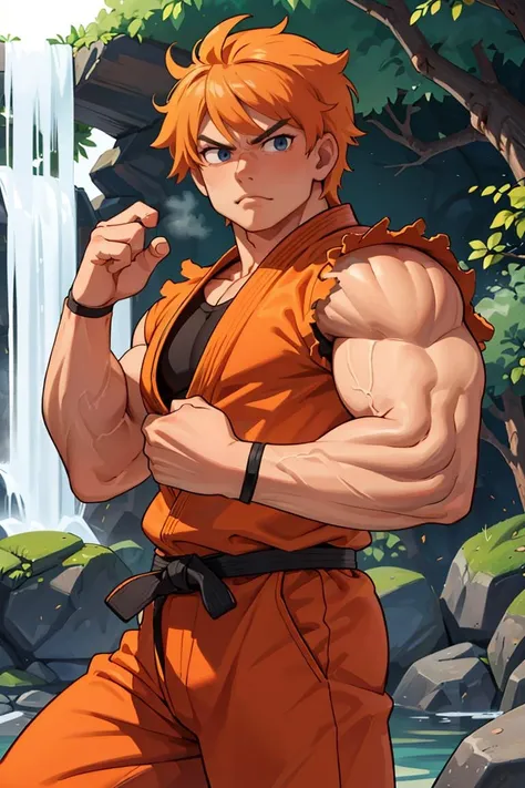 RyuSaka,1guy,muscular:1.2,muscular arms,orange dougi,orange pants,black belt,masterpiece,highness,perfect face,perfect picture,detailed eyes,sharp focus,fighting stance,at the waterfall,<lora:RyoSakazaki-DocStasis:0.8>,