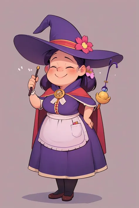 European and American cartoon characters,original character design,hand-drawn drafts,solo,wand,hat,flower,smile,1girl,witch hat,holding wand,closed eyes,holding,cape,blush,fat,hand on hip,purple headwear,full body,plump,standing,apron,dress,purple cape,hat flower,witch,<lora:Cartoon characters:0.7>,