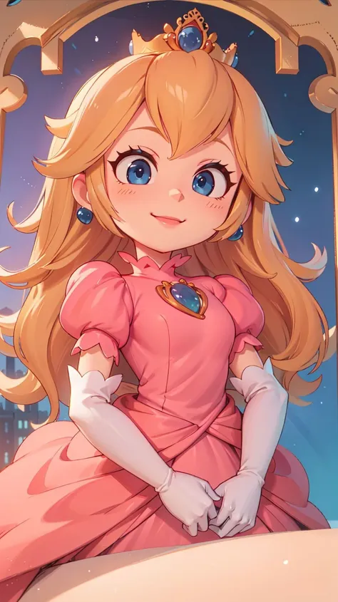 (masterpiece, best quality),1girl,princess peach,blonde hair,blue eyes,long hair,crown,dress,gem,gloves,pink dress,puffy short sleeves,puffy sleeves,short sleeves,white gloves,<lora:PrincessPeachMovie:1>,PrincessPeach,evil smile,