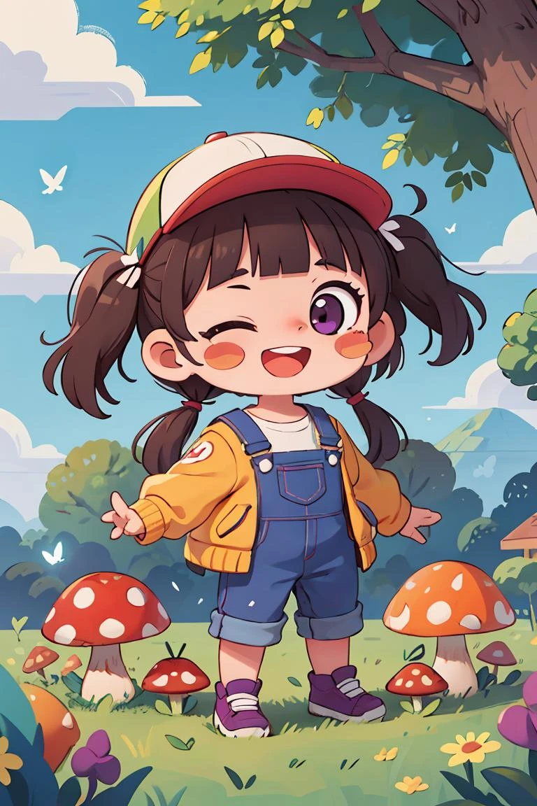 1girl, brown hair, bug, food, fruit, butterfly, grass, twintails, open mouth, one eye closed, apple, smile, cloud, outdoors, bird, blue sky, bangs, tree, sky, day, skirt, blunt bangs, blush, mushroom, purple eyes, hat, jacket, short twintails, shirt, tomato, grapes, overalls, blush stickers <lora:lbtx:0.4>