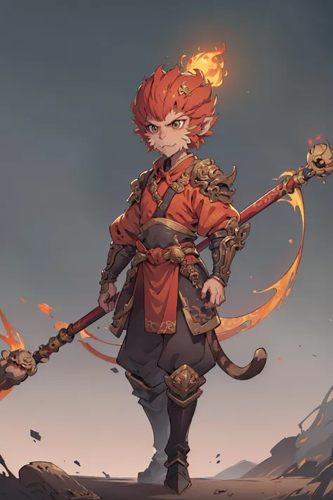 (masterpiece:1,2),best quality,masterpiece,highres,original,extremely detailed wallpaper,perfect lighting,(extremely detailed CG:1.2),
(a boy:1.4),(Monkey king:1.2),(wukong_xingzhe:1.1),black monkey king,(wukong_armors:1.1),red hair,in red and yellow,chinese_clothes,
cyberpunk,full of machinery and futuristic element,futurism,technology,
IncrsTailsFixer,Cyberworld,no stick,empty-handed,