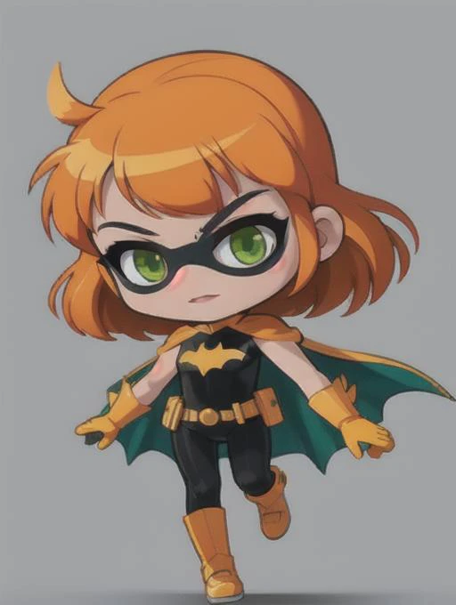 best quality, masterpiece, HDR, 8k, <lora:neg4all_bdsqlsz:1>, very detailed, high quality,
 chibi, 1girl, solo, full body, <lora:Chibi LORA - maplestory:1>, outlines, simple background, shadow
 <lora:Batgirl - The Killing Joke - Character LORA - Batgirl:1>, batgirl, mask, green eyes, orange hair, bodysuit, cape, gloves