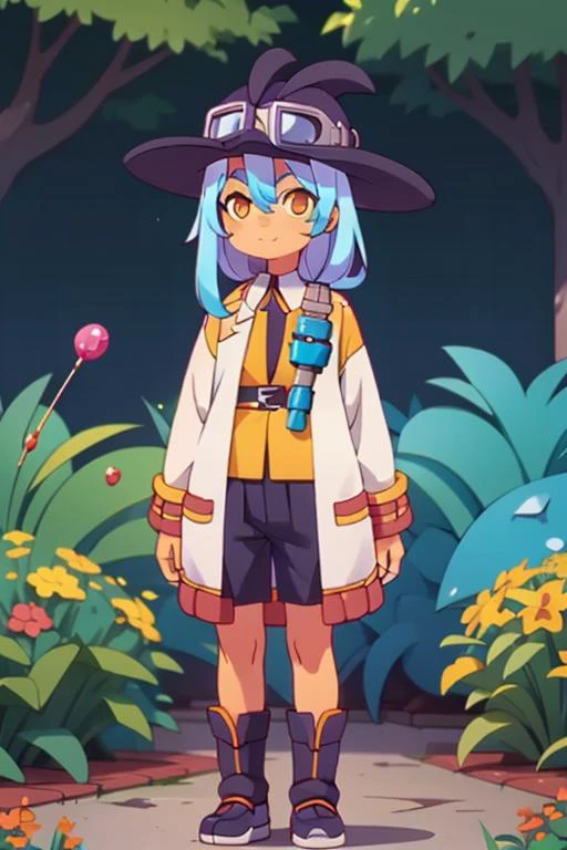 (2d:1.2), wide shot, (dynamic angle:1.1), outline, ((thick lineart)), cover, stylish, official art, (details:1.2), glow:0.2, shadow, nature, garden, (depth of field), sharp focus, (volumetric lighting), (bokeh:0.6), film grain:0.4, day, (soft lighting:1.1), eeugg, full body, blue hair, long hair, goggles, goggles on headwear, hair between eyes, candy, lollipop, yellow eyes, bangs, jacket, labcoat, white jacket, looking at viewer, standing, <lora:Tatoeba_Last_ Dungeon_Eug_00_01:1>