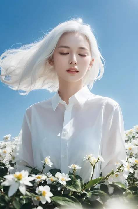 high resolution,RAW photo,photorealistic,skinny,shiny skin,detailed skin,gleaming skin,deep shadows,shading,
1 girl,white hair,flying hair,small breasts,closed eyes,
((white shirt)),
(Wind-effect:1.2),
(white flowers,white flower field,),
soft lighting film grain,film overlay,glowing effect,dim light,