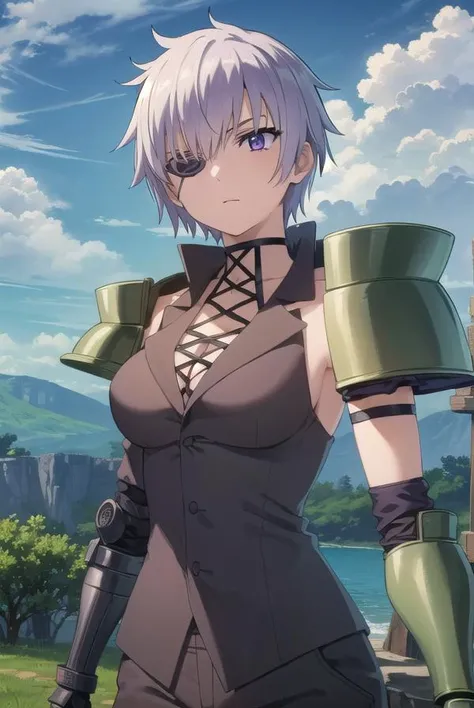 agknajenda, <lora:agk najenda s1-lora-nochekaiser:1>,
najenda, short hair, (purple eyes:1.3), grey hair, eyepatch,
BREAK cleavage, formal, suit, cyborg, single mechanical arm, prosthesis, long sleeves, pants, black pants, (armor:1.5), (shoulder armor:1.5), (gauntlets:1.5),
BREAK outdoors, nature, forest, trees, grass, sky, clouds,
BREAK looking at viewer, (cowboy shot:1.5),
BREAK <lyco:GoodHands-beta2:1>, (masterpiece:1.2), best quality, high resolution, unity 8k wallpaper, (illustration:0.8), (beautiful detailed eyes:1.6), extremely detailed face, perfect lighting, extremely detailed CG, (perfect hands, perfect anatomy),