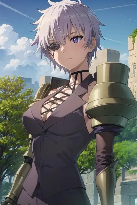 agknajenda, <lora:agk najenda s1-lora-nochekaiser:1>,
najenda, short hair, (purple eyes:1.3), grey hair, eyepatch,
BREAK cleavage, formal, suit, cyborg, (single mechanical arm:1.5), prosthesis, long sleeves, pants, black pants, (armor:1.5), (shoulder armor:1.5), (gauntlets:1.5),
BREAK outdoors, nature, forest, trees, grass, sky, clouds,
BREAK looking at viewer, (cowboy shot:1.5),
BREAK <lyco:GoodHands-beta2:1>, (masterpiece:1.2), best quality, high resolution, unity 8k wallpaper, (illustration:0.8), (beautiful detailed eyes:1.6), extremely detailed face, perfect lighting, extremely detailed CG, (perfect hands, perfect anatomy),
