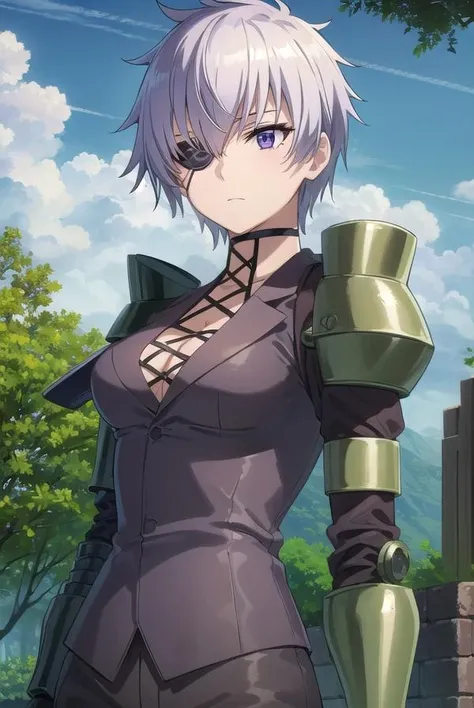 agknajenda, <lora:agk najenda s1-lora-nochekaiser:1>,
najenda, short hair, (purple eyes:1.3), grey hair, eyepatch,
BREAK cleavage, formal, suit, cyborg, (single mechanical arm:1.5), prosthesis, long sleeves, pants, black pants, (armor:1.5), (shoulder armor:1.5), (gauntlets:1.5),
BREAK outdoors, nature, forest, trees, grass, sky, clouds,
BREAK looking at viewer, (cowboy shot:1.5),
BREAK <lyco:GoodHands-beta2:1>, (masterpiece:1.2), best quality, high resolution, unity 8k wallpaper, (illustration:0.8), (beautiful detailed eyes:1.6), extremely detailed face, perfect lighting, extremely detailed CG, (perfect hands, perfect anatomy),