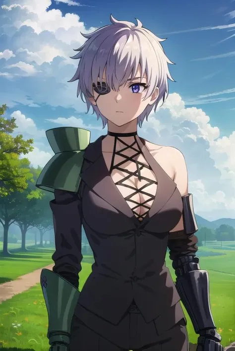 agknajenda, <lora:agk najenda s1-lora-nochekaiser:1>,
najenda, short hair, (purple eyes:1.3), grey hair, eyepatch,
BREAK cleavage, formal, suit, cyborg, (single mechanical arm:1.5), prosthesis, long sleeves, pants, black pants, (armor:1.5), (shoulder armor:1.5), (gauntlets:1.5),
BREAK outdoors, nature, forest, trees, grass, sky, clouds,
BREAK looking at viewer, (cowboy shot:1.5),
BREAK <lyco:GoodHands-beta2:1>, (masterpiece:1.2), best quality, high resolution, unity 8k wallpaper, (illustration:0.8), (beautiful detailed eyes:1.6), extremely detailed face, perfect lighting, extremely detailed CG, (perfect hands, perfect anatomy),