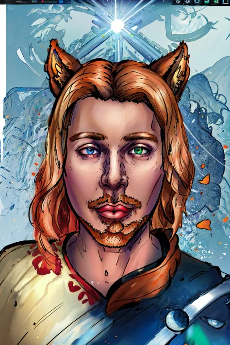 Duskfall Art,(masterpiece, best quality, ultra-detailed, highres, best illustration),perfect face, ((solo, solo focus)),sidelighting, lustrous skin,(bloom), (shine), ray tracing,solo,solo,animal ears, 1boy, solo, male focus, facial hair, green eyes, blue eyes, white background, heterochromia, looking at viewer, beard, orange hair, mustache, wings, lips, fox ears,depth_of_field,very detailed background,extreme light and shadow,(detailed eyes), (beautiful) beautiful detailed eyes, perfect lighting , perfect anatomy,(extremely detailed illustrated 8k wallpaper),(masterpiece), (best quality), (ultra-detailed), (best illustration),(best shadow) , vivid colors, <lyco:Duskfall_Artv2-Lyco:1.0>