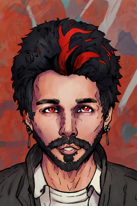 Duskfall Art,(masterpiece, best quality, ultra-detailed, highres, best illustration),perfect face, ((solo, solo focus)),sidelighting, lustrous skin,(bloom), (shine), ray tracing,1boy, male focus, facial hair, red eyes, solo, red hair, colored sclera, black hair, multicolored hair, shirt, black sclera, earrings, jewelry, tattoo, piercing, beard, streaked hair, jacket, parted lips, looking at viewer, white shirt,depth_of_field, city background,very detailed background,extreme light and shadow,(detailed eyes), (beautiful) beautiful detailed eyes, perfect lighting , perfect anatomy,(extremely detailed illustrated 8k wallpaper),(masterpiece), (best quality), (ultra-detailed), (best illustration),(best shadow), vivid colors, <lyco:Duskfall_Artv2-Lyco:1.0>