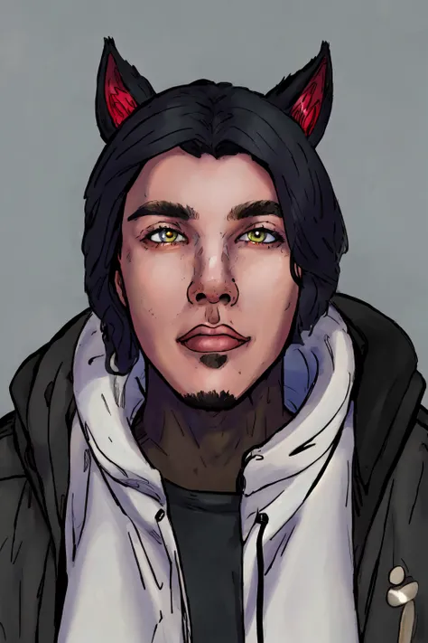 Duskfall Art,(masterpiece, best quality, ultra-detailed, highres, best illustration),perfect face, ((solo, solo focus)),sidelighting, lustrous skin,(bloom), (shine), ray tracing,animal ears, solo, cat ears, heterochromia, 1boy, red hair, yellow eyes, grey jacket, male focus, shirt, jacket, black shirt, facial hair, looking at viewer, red eyes, black hair, multicolored hair, depth_of_field, city background,very detailed background,extreme light and shadow,(detailed eyes), (beautiful) beautiful detailed eyes, perfect lighting , perfect anatomy,(extremely detailed illustrated 8k wallpaper),(masterpiece), (best quality), (ultra-detailed), (best illustration),(best shadow), portrait , vivid colors, <lyco:Duskfall_Artv2-Lyco:1.0>