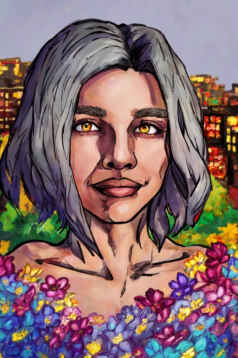 Duskfall Art,(masterpiece, best quality, ultra-detailed, highres, best illustration),perfect face, ((solo, solo focus)),sidelighting, lustrous skin,(bloom), (shine), ray tracing,solo,yellow eyes, portrait, grey hair, 1boy, non binary, short hair, smile, looking at viewer, closed mouth, collarbone, violet t-shirt, depth_of_field, city background,very detailed background,extreme light and shadow,(detailed eyes), (beautiful) beautiful detailed eyes, perfect lighting , perfect anatomy,(extremely detailed illustrated 8k wallpaper),(masterpiece), (best quality), (ultra-detailed), (best illustration),(best shadow) , vivid colors, <lyco:Duskfall_Artv2-Lyco:1.0>