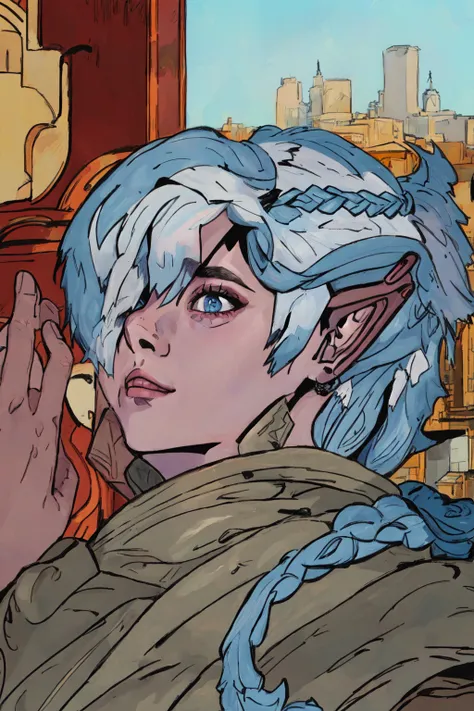 Duskfall Art,(masterpiece, best quality, ultra-detailed, highres, best illustration),perfect face, ((solo, solo focus)),sidelighting, lustrous skin,(bloom), (shine), ray tracing,solo, elezen, pointy ears, blue eyes, jewelry, earrings, elf, white hair, 1boy, male focus, braid, portrait, profile, depth_of_field, city background,very detailed background,extreme light and shadow,(detailed eyes), (beautiful) beautiful detailed eyes, perfect lighting , perfect anatomy,(extremely detailed illustrated 8k wallpaper),(masterpiece), (best quality), (ultra-detailed), (best illustration),(best shadow) , vivid colors, <lyco:Duskfall_Artv2-Lyco:1.0>