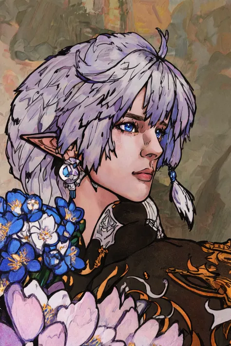 Duskfall Art,(masterpiece, best quality, ultra-detailed, highres, best illustration),perfect face, ((solo, solo focus)),sidelighting, lustrous skin,(bloom), (shine), ray tracing,solo, elezen, pointy ears, blue eyes, jewelry, earrings, elf, white hair, 1boy, male focus, braid, portrait, profile, depth_of_field, city background,very detailed background,extreme light and shadow,(detailed eyes), (beautiful) beautiful detailed eyes, perfect lighting , perfect anatomy,(extremely detailed illustrated 8k wallpaper),(masterpiece), (best quality), (ultra-detailed), (best illustration),(best shadow) , vivid colors, <lyco:Duskfall_Artv2-Lyco:1.0>