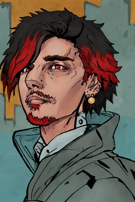 Duskfall Art,(masterpiece, best quality, ultra-detailed, highres, best illustration),perfect face, ((solo, solo focus)),sidelighting, lustrous skin,(bloom), (shine), ray tracing,1boy, male focus, facial hair, red eyes, solo, red hair, colored sclera, black hair, multicolored hair, shirt, black sclera, earrings, jewelry, tattoo, piercing, beard, streaked hair, jacket, parted lips, profile, looking at viewer, white shirt,depth_of_field, city background,very detailed background,extreme light and shadow,(detailed eyes), (beautiful) beautiful detailed eyes, perfect lighting , perfect anatomy,(extremely detailed illustrated 8k wallpaper),(masterpiece), (best quality), (ultra-detailed), (best illustration),(best shadow), vivid colors, <lyco:Duskfall_Artv2-Lyco:1.0>