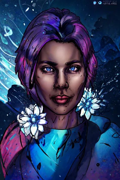 Duskfall Art,(masterpiece, best quality, ultra-detailed, highres, best illustration),perfect face, ((solo, solo focus)),sidelighting, lustrous skin,(bloom), (shine), ray tracing,solo,solo, 1girl, solo, short hair, purple hair, blue eyes, dark skin, upper body, shirt,depth_of_field,very detailed background,extreme light and shadow,(detailed eyes), (beautiful) beautiful detailed eyes, perfect lighting , perfect anatomy,(extremely detailed illustrated 8k wallpaper),(masterpiece), (best quality), (ultra-detailed), (best illustration),(best shadow) , vivid colors, <lyco:Duskfall_Artv2-Lyco:1.0>