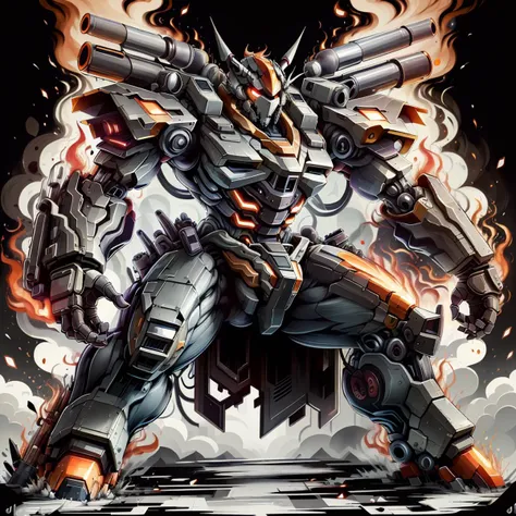 masterpiece, absurdres, extremely detailed, detailed eyes, <lora:MadeOfFireAI:1>, fullbody, madeoffireai, bwfire, battle mecha,