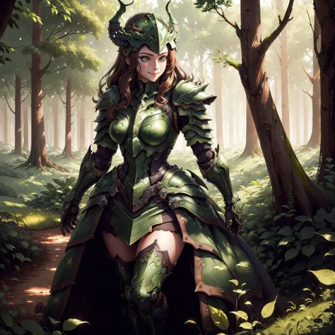 masterpiece, absurdres, extremely detailed, detailed eyes, <lora:MadeOfFireAI:0.6>, fullbody, 1girl, armoured, dress, green eyes, open helmet, smiling, standing, brown hair, green fire, (looking at viewer), madeoffireai, forest, day, volumetric lighting,
