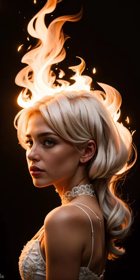 <lora:MadeofFireAI:0.6>,madeoffireai,white fire,elmental woman looking intensely at viewer,with fire behind her,white hair is on fire and blowing in the wind and her eyes are glowing white,black background,portrait style image,white dress on fire,Number "7" on dress,