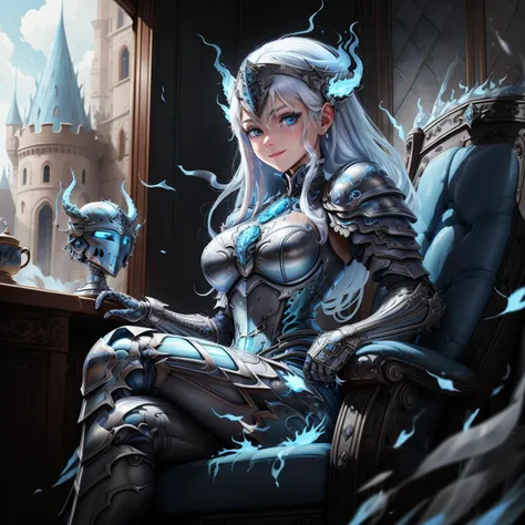 masterpiece, absurdres, extremely detailed, detailed eyes, <lora:MadeOfFireAI:0.6>, fullbody, 1girl, armoured, dress, blue eyes, open helmet, smiling, sitting on throne, white hair, blue fire, looking at viewer, madeoffireai, white and blue castle hall, day, volumetric lighting,