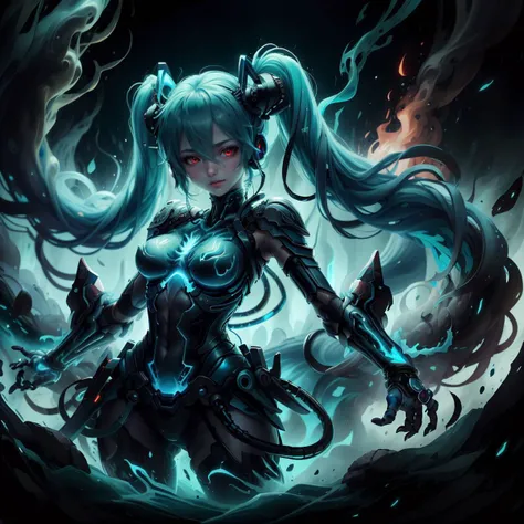 <lora:MadeofFireAI:0.7> fire, green fire, , ethereal ,
(madeoffireai) hatsune miku, cowboy shot, green eyes, glowing eyes,
<lora:AbyssalTech-20:0.7> abyssaltech , dark energy, ethereal, dissolving, see-through, abyss,