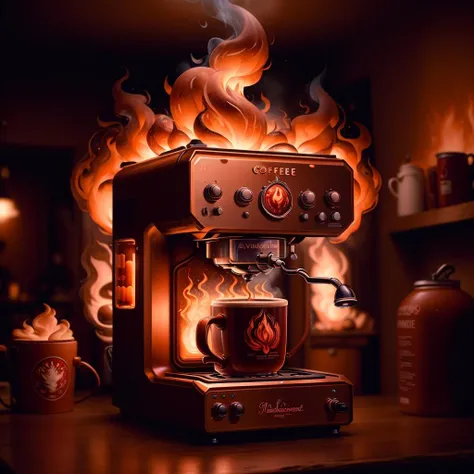 masterpiece, absurdres, extremely detailed, <lora:MadeOfFireAI:0.6>, madeoffireai, fire ,coffee machine, day, volumetric lighting,