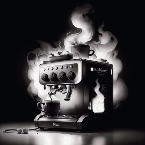 masterpiece, absurdres, extremely detailed, <lora:MadeOfFireAI:0.6>, madeoffireai, bwfire ,coffee machine, day, volumetric lighting,