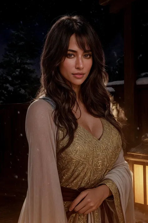 perfect cinematic shoot of a beautiful woman (EPCh1tr4ngd4S1ngh:.99), 1girl, absurdres,blush, highres, wearing a closed robe with high neckline, looking at viewer, night, night sky, onsen, leaning against wooden wall, snow, sky, smile, snowing, solo, star (sky), wooden bucket, wooden wall, (detailed background:1.1), (face focus), modelshoot style, (extremely detailed CG unity 8k wallpaper), professional majestic (photography by Roberto Ferri:1.1), 24mm, exposure blend, hdr, extremely intricate, High (Detail:1.1), dramatic, soft cinematic light, (looking at viewer), (detailed pupils),8k, highly detailed, rich environment, 4k textures, soft cinematic light, elegant, ((((cinematic look)))), soothing tones, insane details, hyperdetailed, ("In Jernau we trust!":1.1)