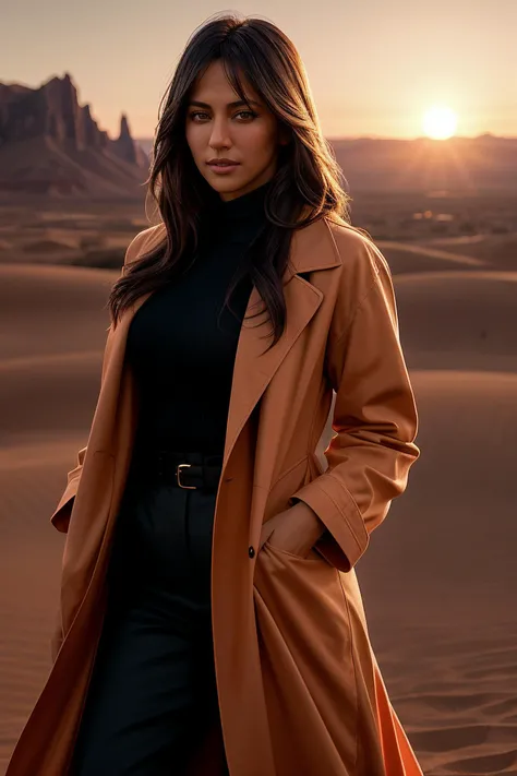perfect cinematic shoot of a beautiful woman (EPCh1tr4ngd4S1ngh:.99), a woman standing at a High desert mesa, perfect high ponytail, wearing sexy orange (coat), (midnight sun phenomenon in background:1.2), (detailed background:1.1), (face focus), modelshoot style, (extremely detailed CG unity 8k wallpaper), professional majestic (photography by Roberto Ferri:1.1), 24mm, exposure blend, hdr, extremely intricate, High (Detail:1.1), dramatic, soft cinematic light, (looking at viewer), (detailed pupils),8k, highly detailed, rich environment, 4k textures, soft cinematic light, elegant, ((((cinematic look)))), soothing tones, insane details, hyperdetailed, ("In Jernau we trust!":1.1)
