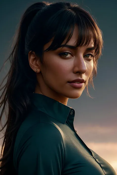 perfect cinematic shoot of a beautiful woman (EPCh1tr4ngd4S1ngh:.99), a woman standing at a castle ruin, perfect high ponytail, wearing sexy teal (compressions shirt), (eclipse in background:1.2), (detailed background:1.1), (face focus), modelshoot style, (extremely detailed CG unity 8k wallpaper), professional majestic (photography by Roberto Ferri:1.1), 24mm, exposure blend, hdr, extremely intricate, High (Detail:1.1), dramatic, soft cinematic light, (looking at viewer), (detailed pupils),8k, highly detailed, rich environment, 4k textures, soft cinematic light, elegant, ((((cinematic look)))), soothing tones, insane details, hyperdetailed, ("In Jernau we trust!":1.1)