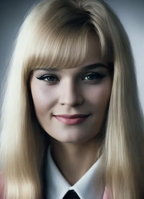 (color:1.2) portrait of a beautiful cute student girl svetlichnaya <lora:svetlichnaya34:0.8>, long blonde hair, bangs, colorful makeup, 1970s fashion style, wearing pink student uniform, sly smile, epic, 8k, raw photo, award winning photo, 50mm, on focus, highly detailed skin, detailed face, detailed eyes, she looking in the eyes,  (photo, studio lighting, hard light, sony a7, 50 mm, matte skin, pores, colors, hyperdetailed, hyperrealistic)