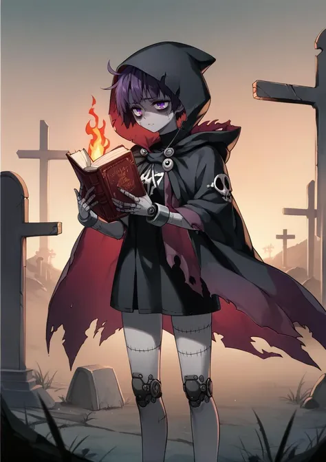 1girl, short hair, gray skin, colored skin, purple eyes, short hair, emotionless, bags under eyes, patchwork skin, hood, cape, shackles, standing, graveyard, outdoors, holding book, floating flaming skulls <lora:Hiroshi-Style-PonyXL-000020:1>, score_9, score_8_up, score_7_up, score_6_up, score_5_up, score_4_up, BREAK source_anime, masterpiece
