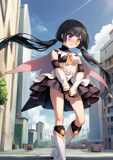 1girl, solo, really long hair, black hair, hime cut, heterochromia, purple eye, yellow eyes, slit pupils, small breasts, twintails, magical girl, shuriken, skirt, bare shoulders, surprised, blushing, skirt, covering crotch, white boots, black ribbons, outdoors, city <lora:Chiyome AP XL:0.8> <lora:Hiroshi-Style-PonyXL-000020:1>, score_9, score_8_up, score_7_up, score_6_up, score_5_up, score_4_up, BREAK source_anime, masterpiece
