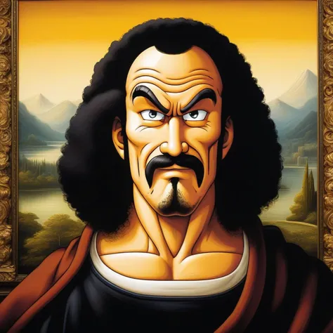 anime illustration by Akira Toriyama,Mr. Satan man, as a subject of Mona Lisa painting, caricature on famous painting, detailed oil painting, <lora:mr_satan-000007:0.8>