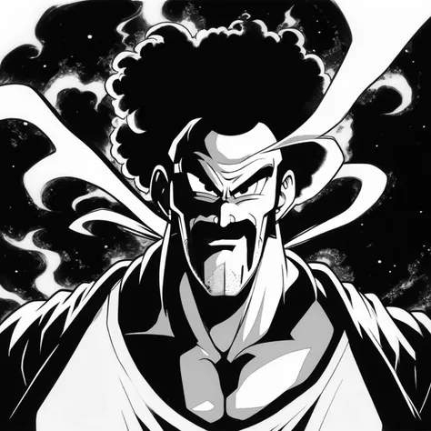 anime illustration by Akira Toriyama,Mr. Satan man, white sketch on black list, <lora:mr_satan-000007:0.8>