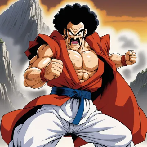 anime illustration by Akira Toriyama,Mr. Satan man,fighting stance,rocky mountains, <lora:mr_satan-000007:0.5>