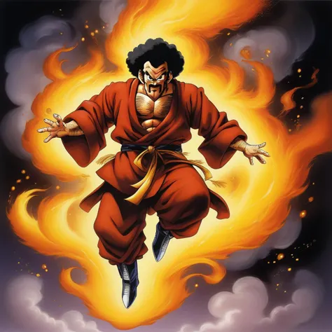 anime illustration by Akira Toriyama,Mr. Satan man, as fire mage,fantasy art,detailed oil painting,smoke,flying particles,32k, <lora:mr_satan-000007:0.8>