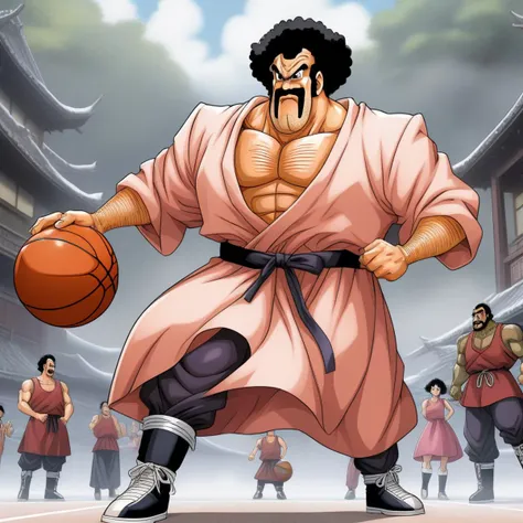 anime illustration by Akira Toriyama,Mr. Satan man, Barbiecore, concept art, highly detailed, Detestable full-figured Contemporary (Usher:1.1) , Playing Basketball, (Peach theme:0.7) , wearing dress designed by Orcs, Winter, Simple illustration, Confused, Bronze color grading, <lora:mr_satan-000007:0.8>