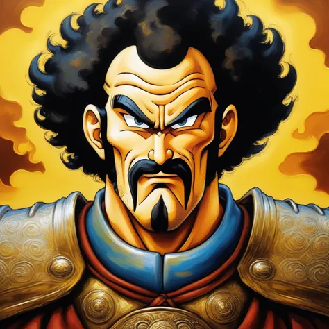 anime illustration by Akira Toriyama,Mr. Satan man, dragonborn knight, game of thrones, dramatic oil painting by Van Gogh,<lora:mr_satan-000007:0.8>