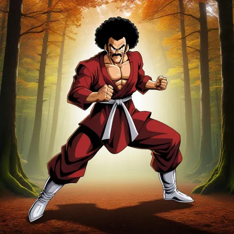 professional photo:1.4, Mr. Satan man,dramatic lighting,battle stance,atumn forest,<lora:mr_satan-000007:0.5>