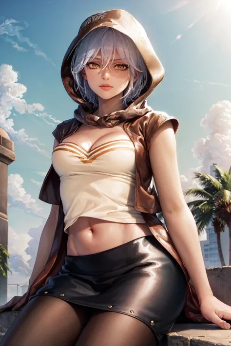 (masterpiece, best quality:1.2), <lyco:jojo_mariah-11:1.0>, cowboy shot, solo, 1girl, mariah \(jojo\), dark skin, dark-skinned female, expressionless, sitting, hood, yellow eyes, skirt, pantyhose, midriff, cleavage