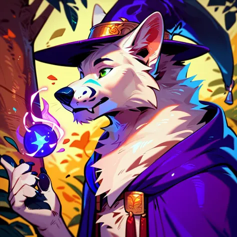 <lora:hamgas-v1e400:1.2>, score_9, score_8_up, score_7_up, score_6_up, rating_safe, source_furry, an anthro male wolf, (white fur:1.6), white body, (monotone fur), green eyes, humanoid hands, purple wizard hat, purple wizard robe, magic user, detailed background, awesome_background, forest, hamgas