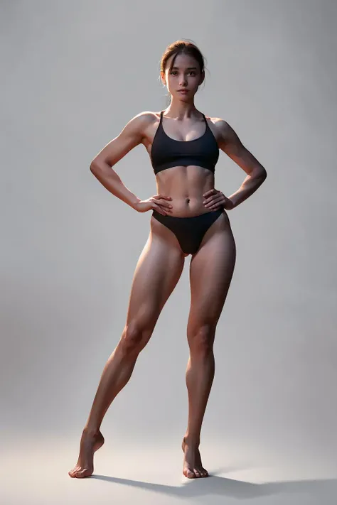 Lingerie model, figure standing drawing, 1 girl, solo, navel, hands on hips, barefoot, white background, full body, simple background, breasts, underwear, standing, panties, looking at the audience, black panties, sports bra, medium breasts, brown eyes, short hair, bodybuilding,<lora:mannequin:0.8>,