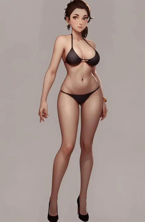 Underwear model,character standing drawing,1girl,solo,swimsuit,bikini,high heels,breasts,brown hair,navel,earrings,jewelry,black bikini,brown eyes,white background,full body,simple background,looking at viewer,medium breasts,standing,contrapposto,<lora:mannequin:0.8>,