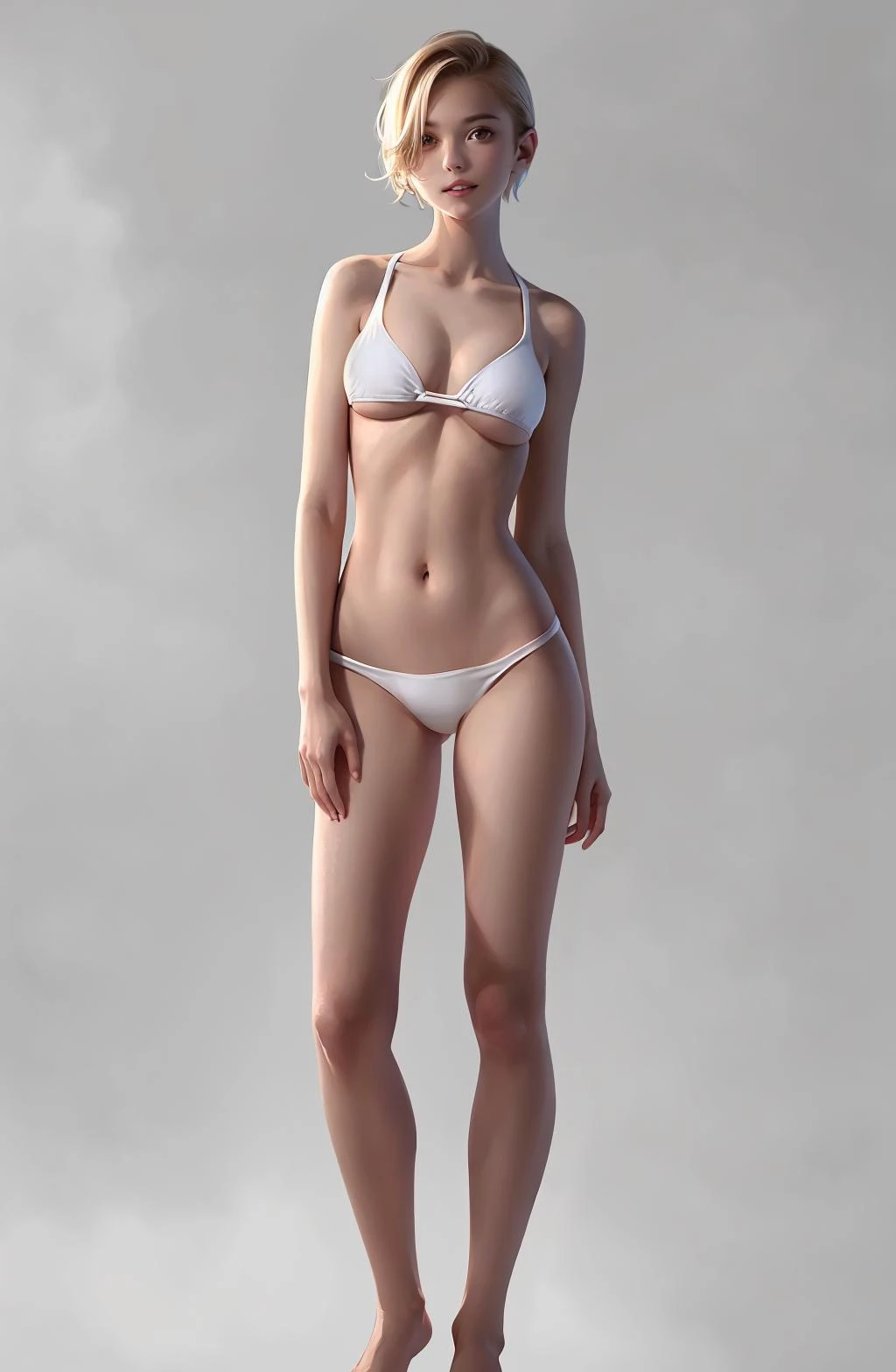 Underwear model, character standing drawing, 1girl, solo, white background, simple background, navel, breasts, blonde hair, full body, barefoot, swimsuit, bikini, looking at viewer, medium breasts, white bikini, standing, short hair, underwear, panties, brown hair, collarbone, brown eyes,<lora:mannequin:0.8>,