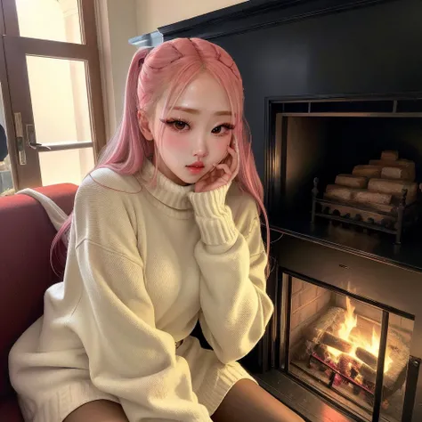 <lora:roseblackpink_sd15_512_128_64_v1:1> roseblackpink 1girl, wearing a sweater, christmas decoration cozy fireplace in background,