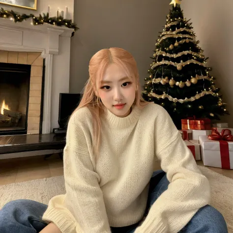 <lora:roseblackpink_sd15_512_128_64_v1:1> roseblackpink 1girl, wearing a sweater, christmas decoration cozy fireplace in background,