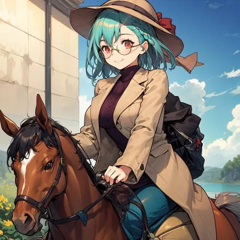 masterpiece, best quality, 1girl, fenen,glasses, light smile, hat,coat,sweater,riding horse,aqua hair,