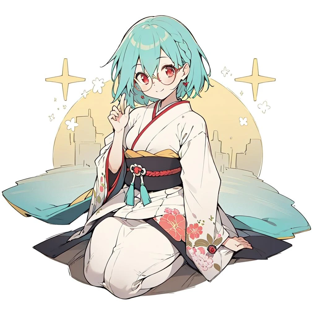 masterpiece, best quality, 1girl, fenen,glasses, light smile, japanese clothes, seiza, aqua hair, red eyes, full body,