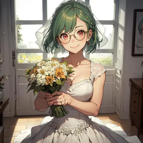 masterpiece, best quality, 1girl, fenen,glasses,green hair, wedding dress, holding flower, light smile,